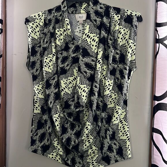 eci New York Sz M Yellow Black Geometric Op Art Pullover Sleeveless Stretch Top - Picture 1 of 11